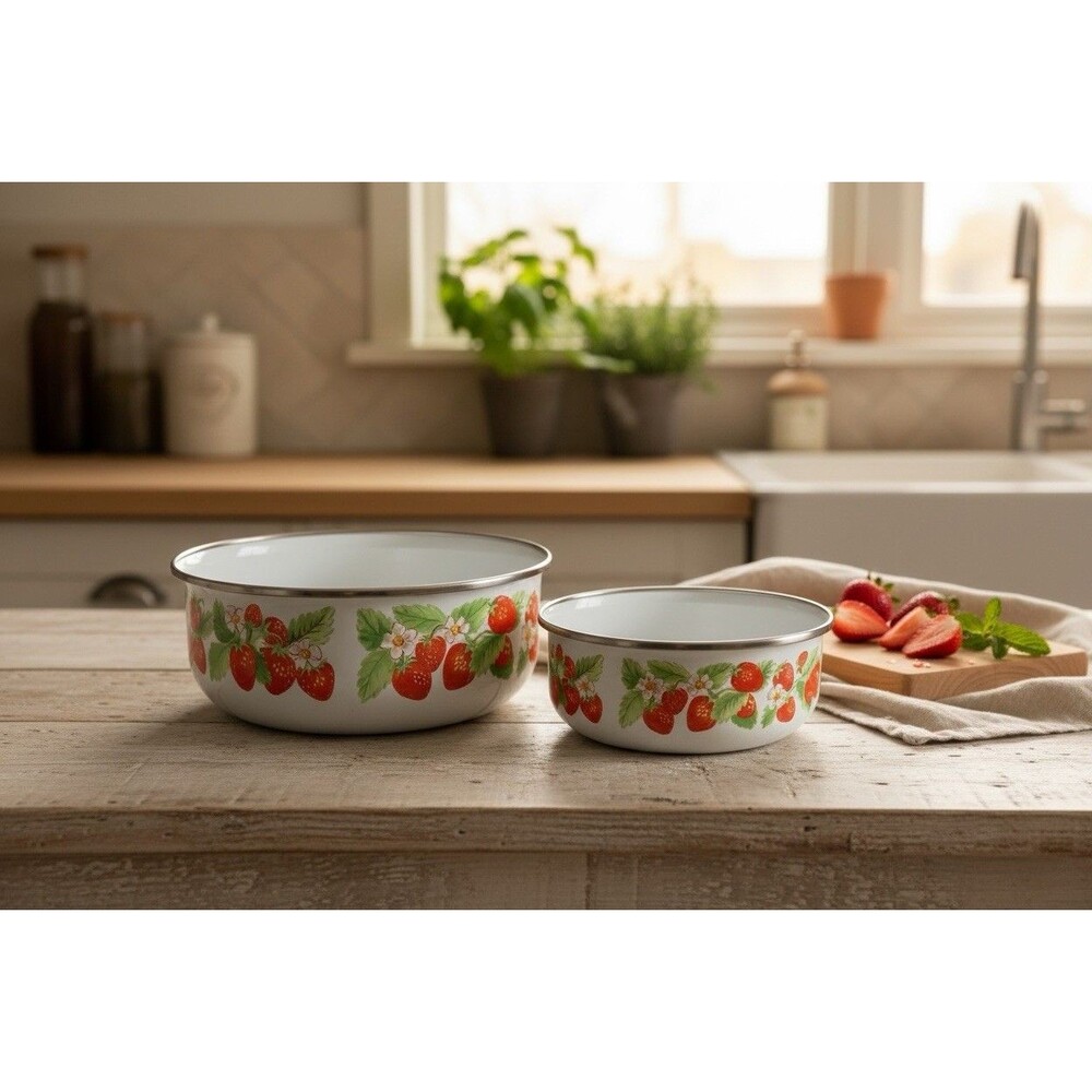 Vintage Kobe Kitchen Strawberry Enamel Nesting Bowls Set of 2 Made in Japan